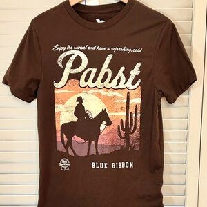 Pabst Blue Ribbon Cowboy Horse Cactus Short Sleeve Tee in a warm brown, Size S